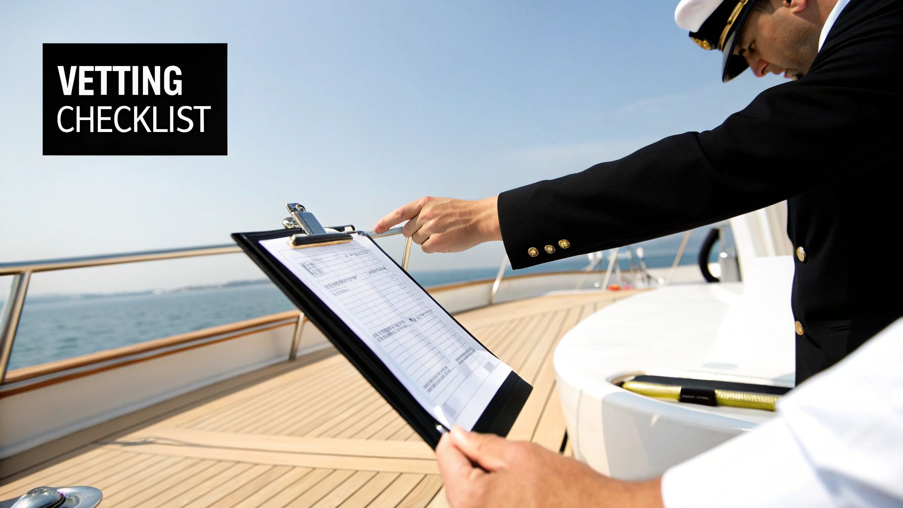 A uniformed captain on a yacht reviews a vetting checklist on a clipboard under clear skies.