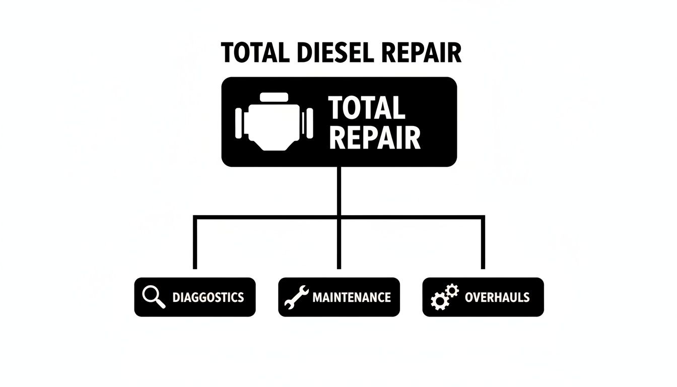 A diagram illustrating Total Diesel Repair services, including diagnostics, maintenance, and overhauls.