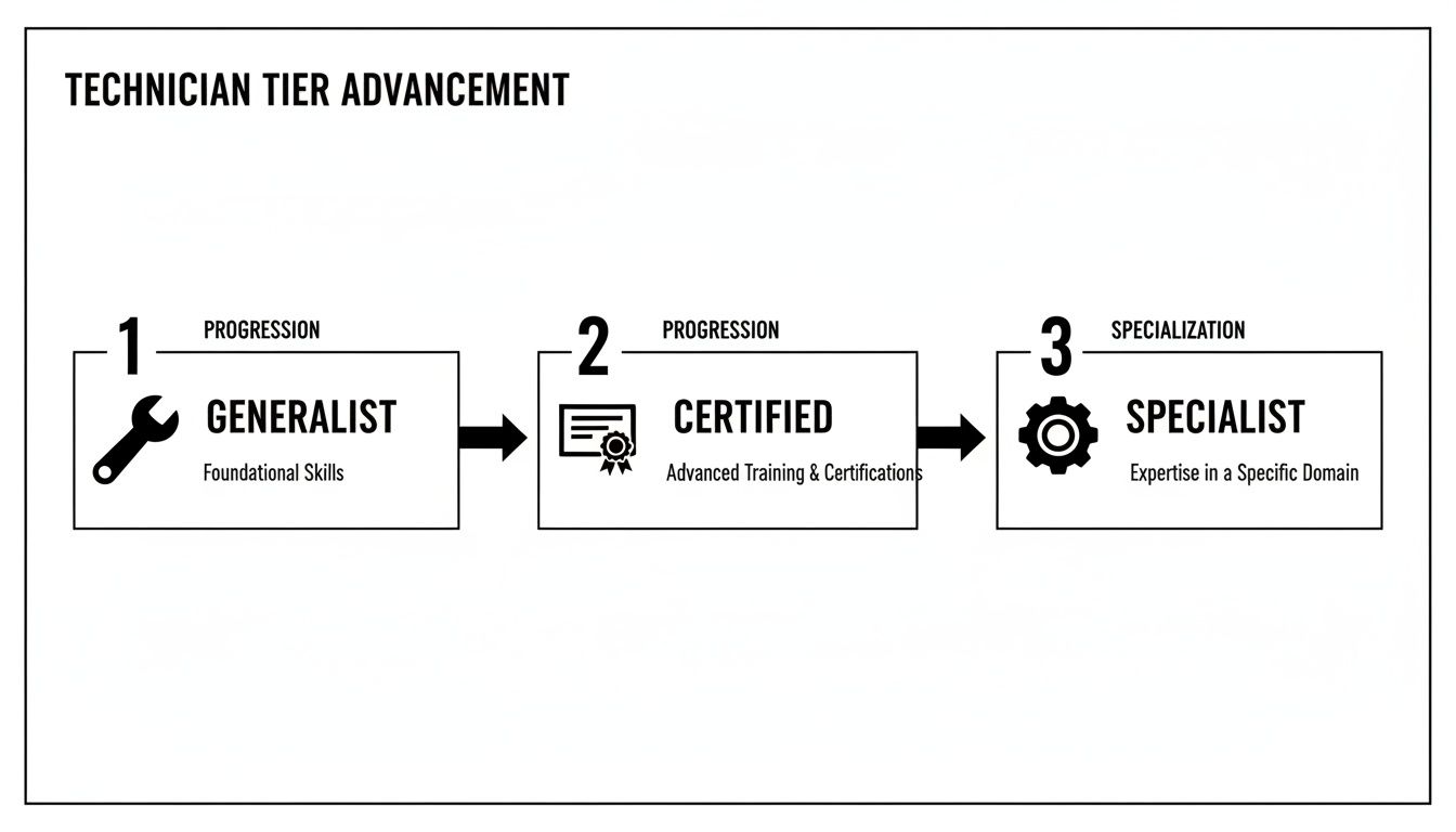 Diagram illustrating technician tier advancement: Generalist, Certified, and Specialist roles with descriptions.
