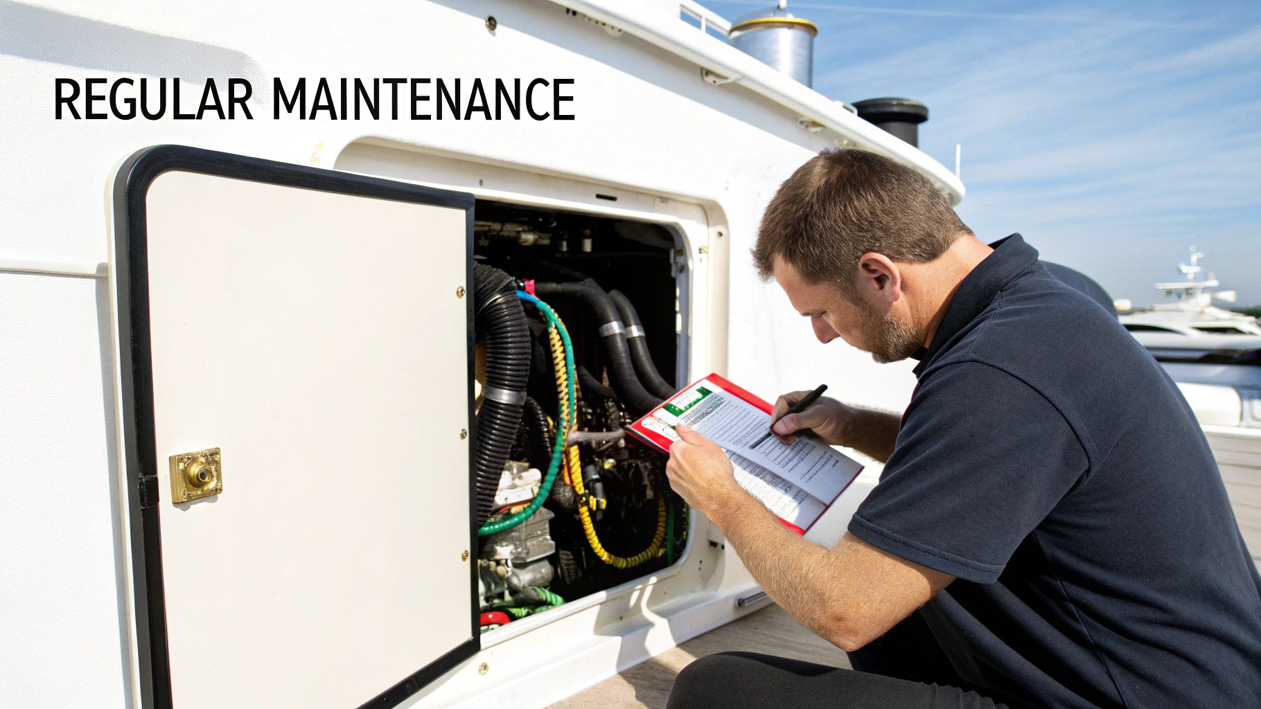 A technician performs regular maintenance on a marine generator, checking systems with a clipboard and pen.