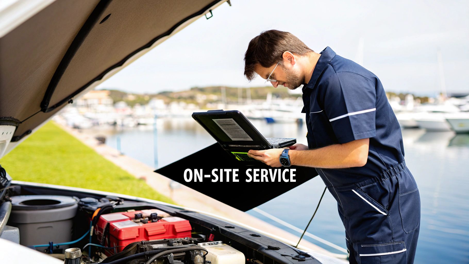 A technician performs on-site diagnostics on a marine engine with a laptop at a sunny marina.