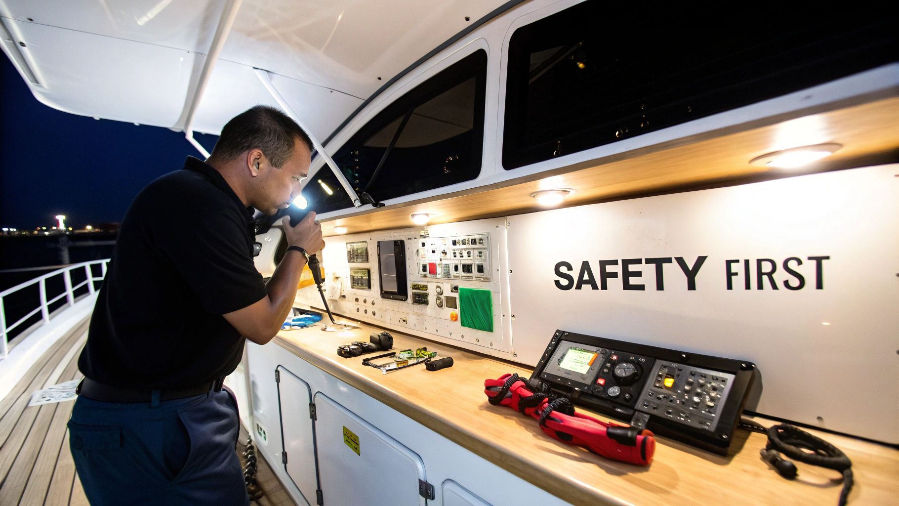 A man on a boat uses a flashlight to inspect a marine control panel with a 'SAFETY FIRST' sign.