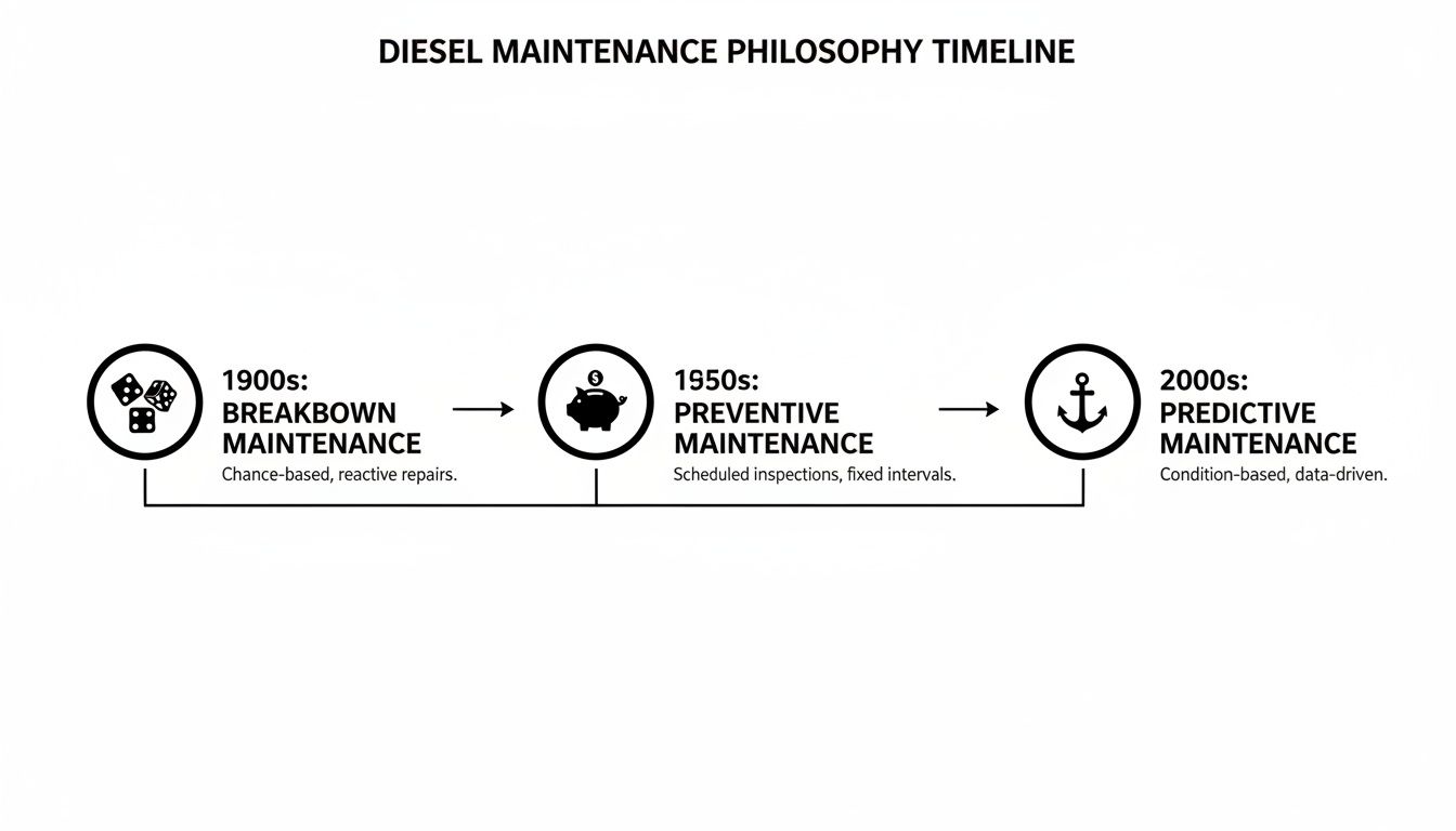 Timeline illustrating the evolution of diesel engine maintenance from breakdown to predictive strategies.