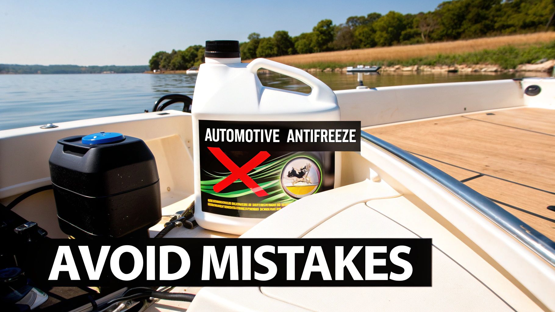 White jug of automotive antifreeze with a red X on a boat, warning against incorrect use.