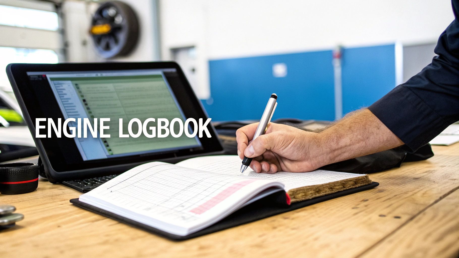 A person writes in an engine logbook, with a laptop showing data in a workshop.