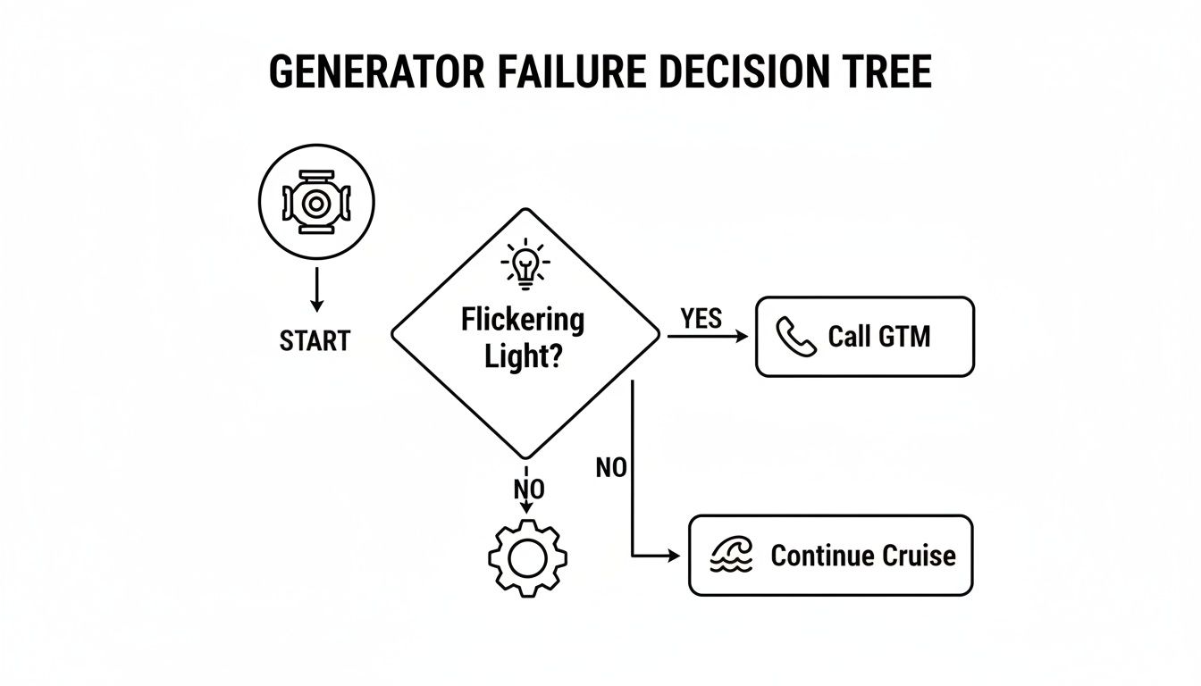 A flowchart illustrating a decision-making process for generator failure based on flickering lights.