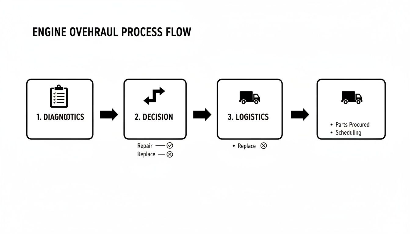 Flowchart illustrating the engine overhaul process, including diagnostics, decision, and logistics.