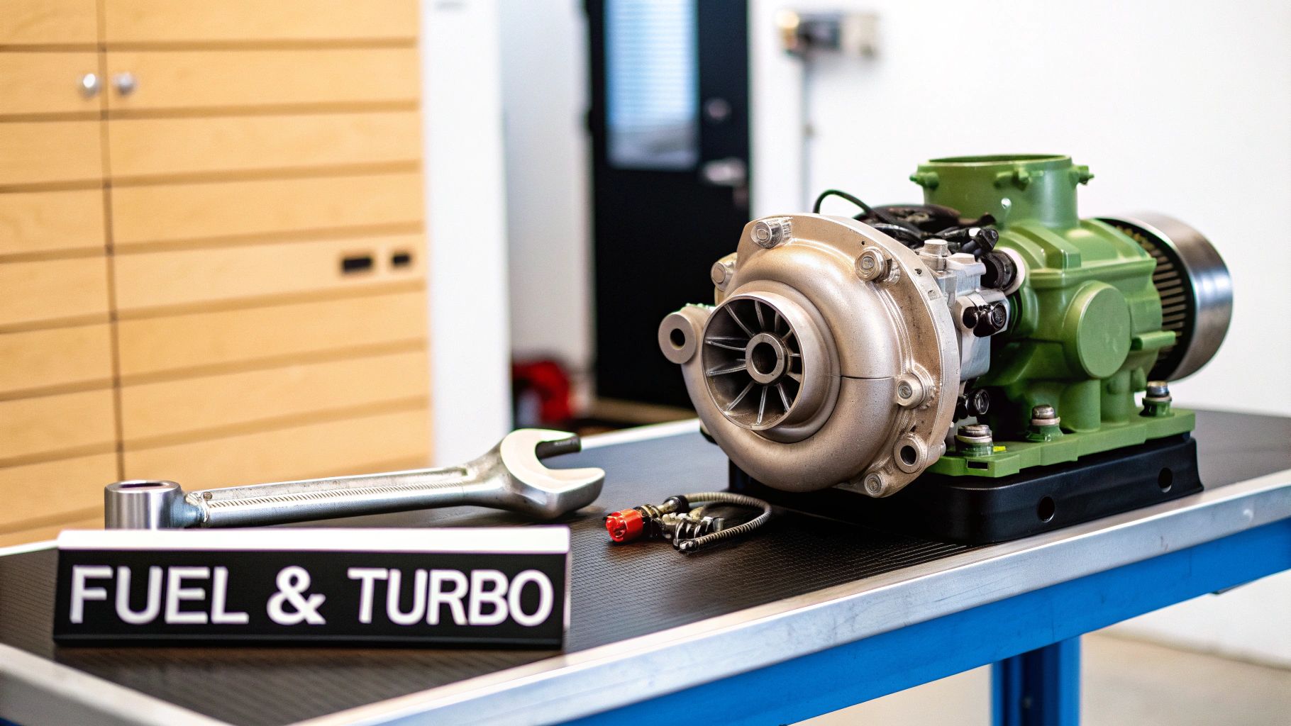A workshop table displays a turbocharger, a green engine component, a wrench, and a 'FUEL & TURBO' sign.