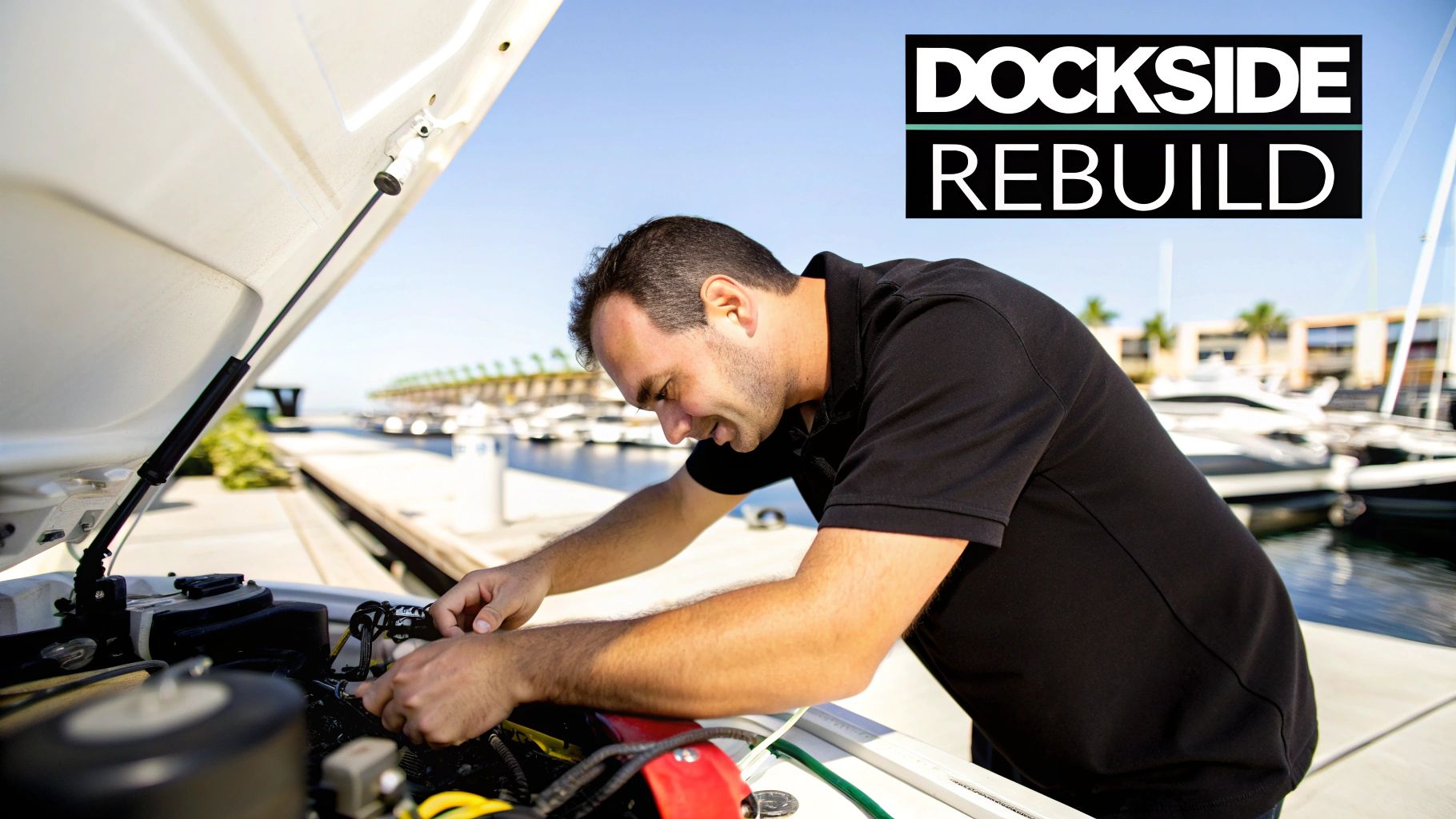 A man in a black shirt repairs an open engine on a boat at a sunny marina dock.