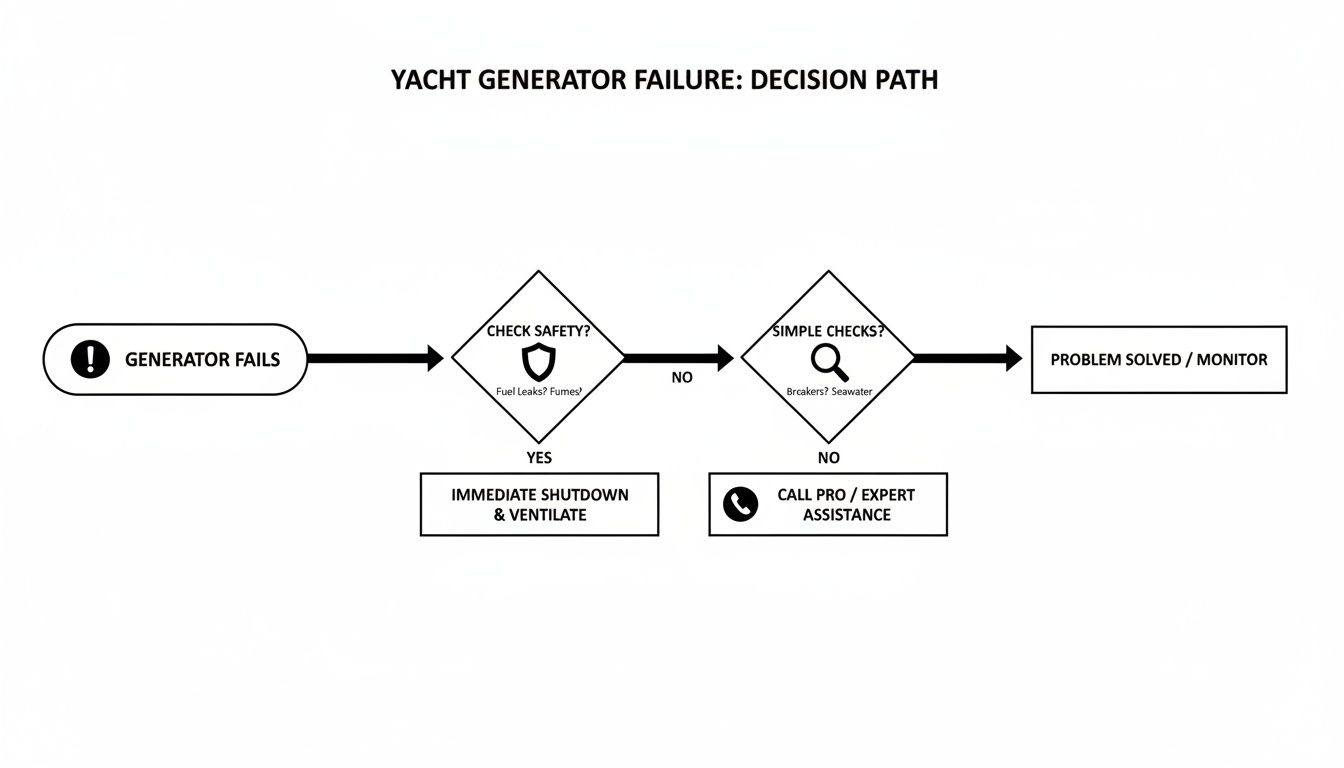 Flowchart illustrating a decision path for yacht generator failure, covering safety checks, simple troubleshooting, and repair actions.