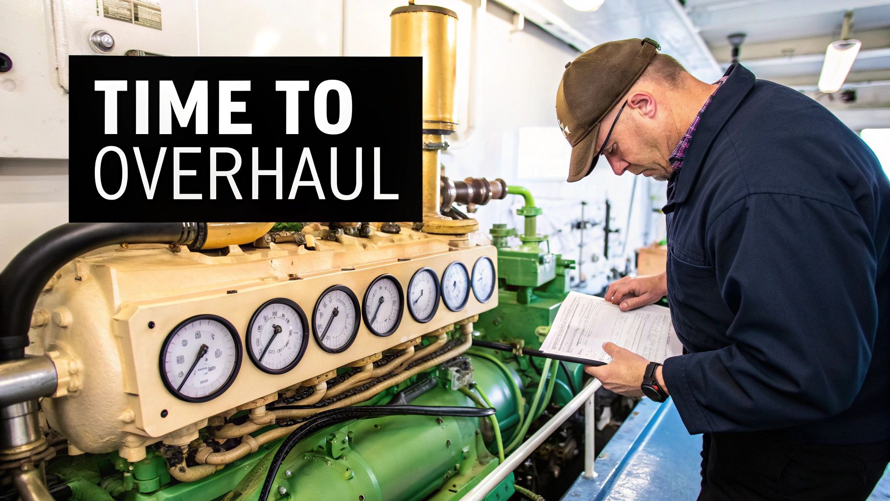 Engineer reviews documents near a large marine diesel engine, with 'TIME TO OVERHAUL' text.