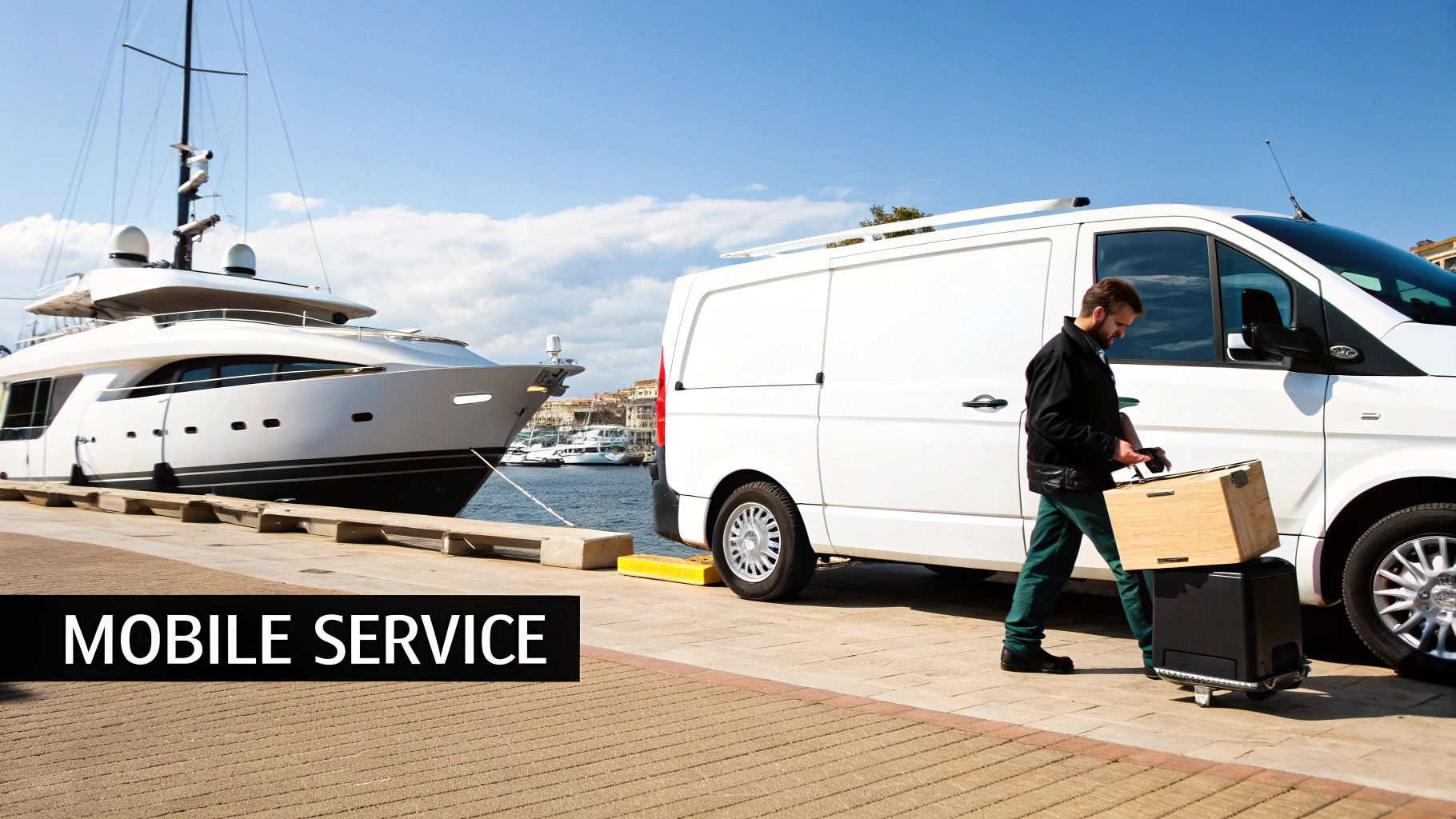 A professional delivering service equipment from a white van to a luxury yacht at a sunny marina.