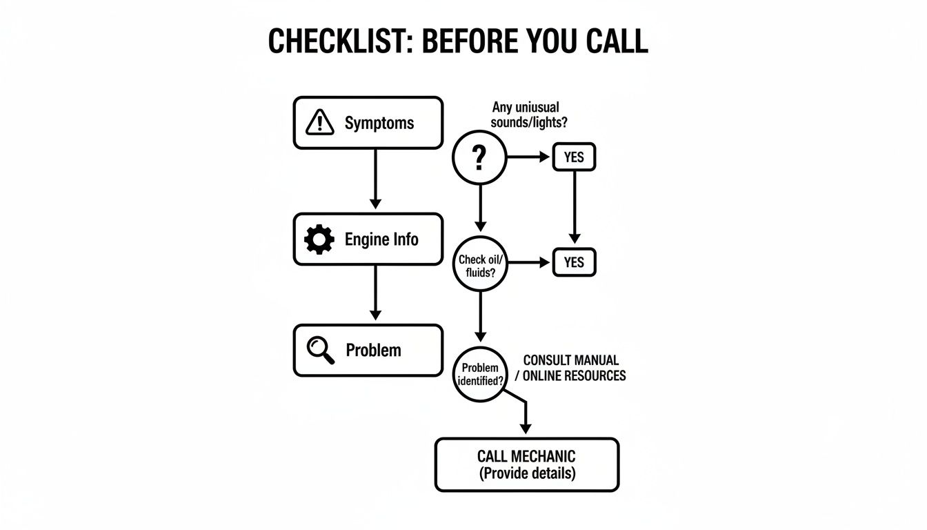 Flowchart detailing a car maintenance checklist, including symptoms, engine info, fluid checks, and when to call a mechanic.