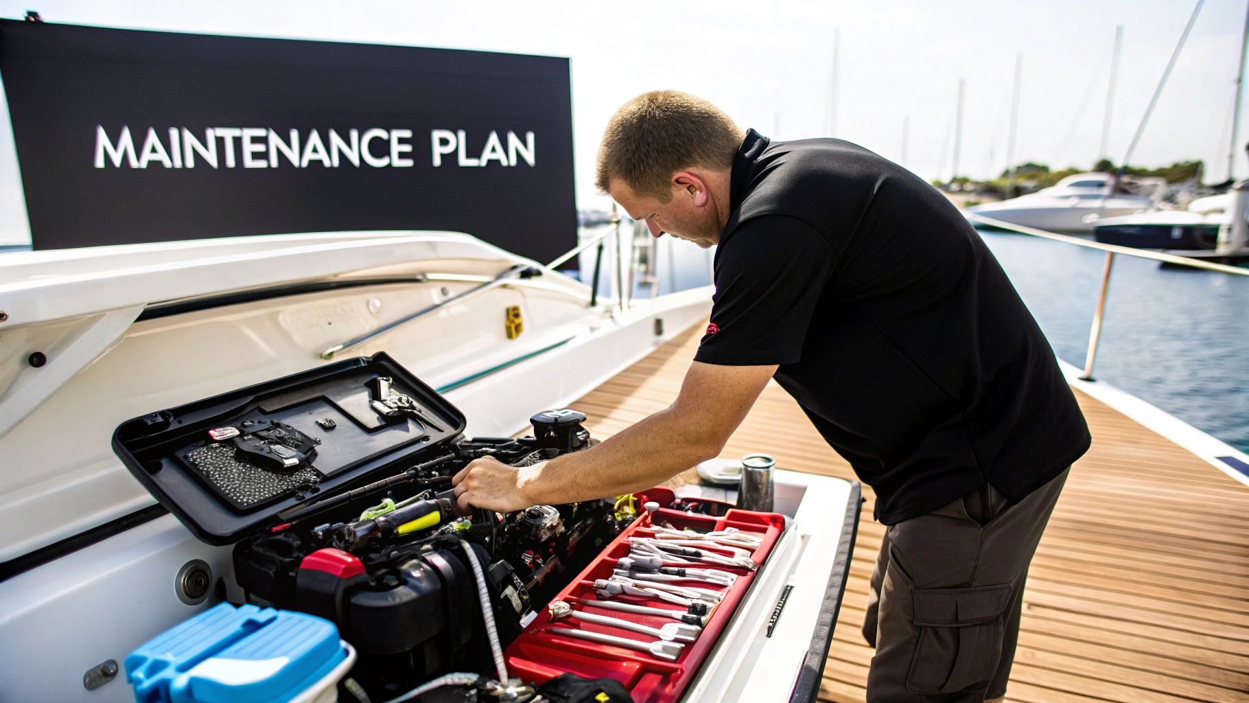 A man in a black shirt performing maintenance on a boat engine with tools on a sunny day.