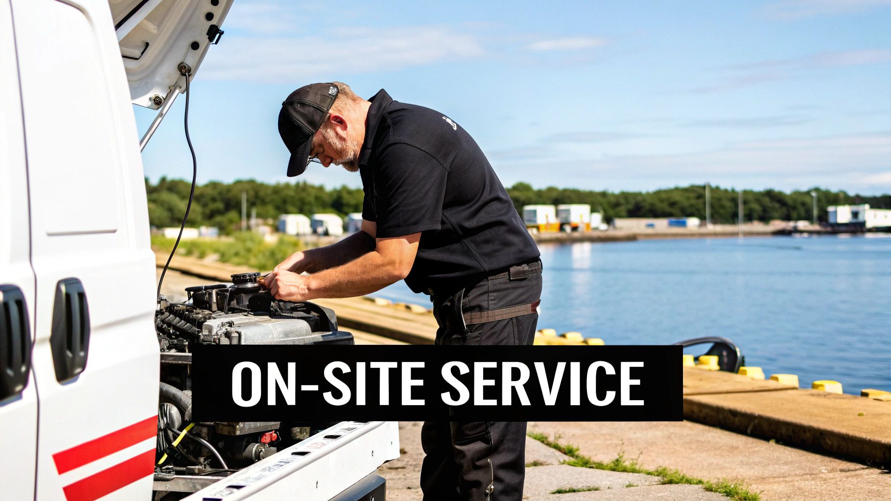 A male technician in a black uniform performs on-site engine service on a white van by a body of water.