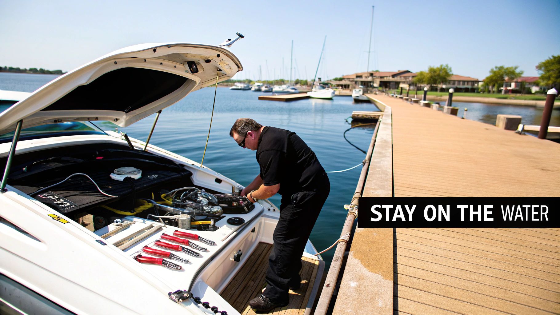 Man in sunglasses working on a boat engine at a sunny marina dock, with tools laid out.