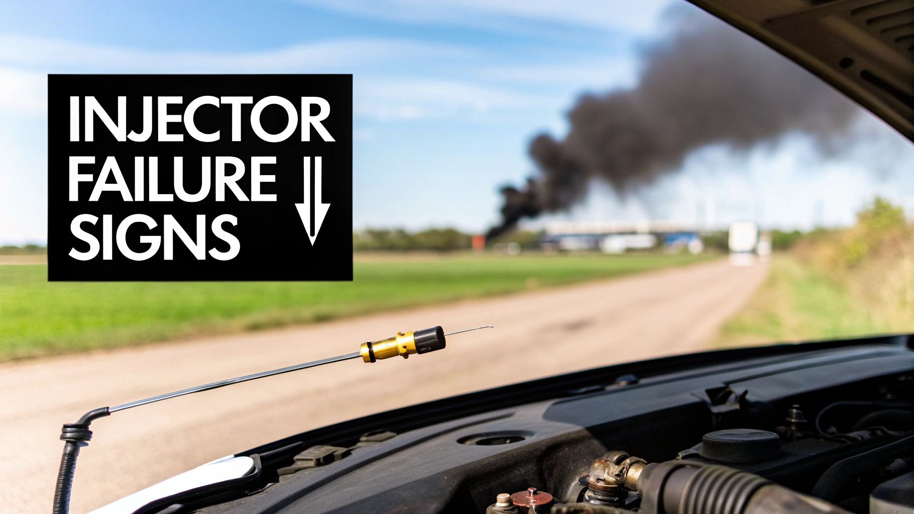 Car hood open with dipstick, black smoke in distance, and 'INJECTOR FAILURE SIGNS' text overlay.