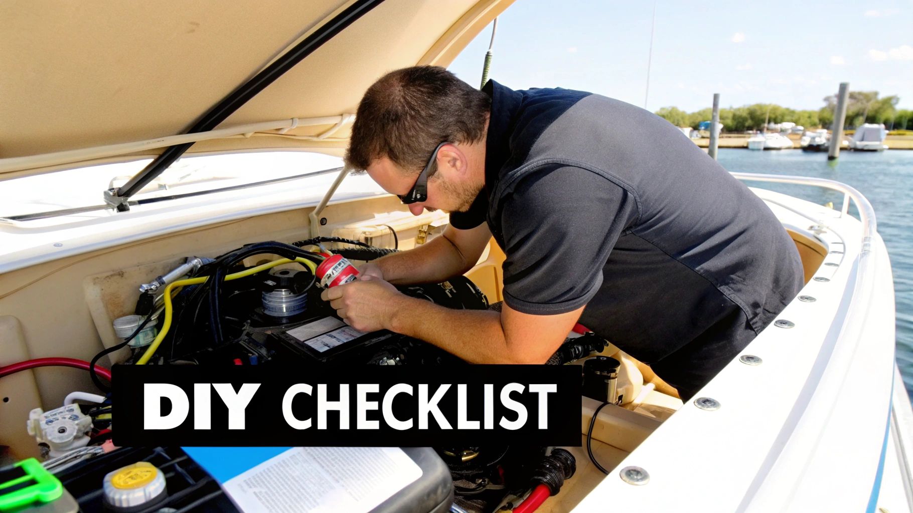 A man in sunglasses performs DIY maintenance on a boat engine, with a 'DIY CHECKLIST' overlay.