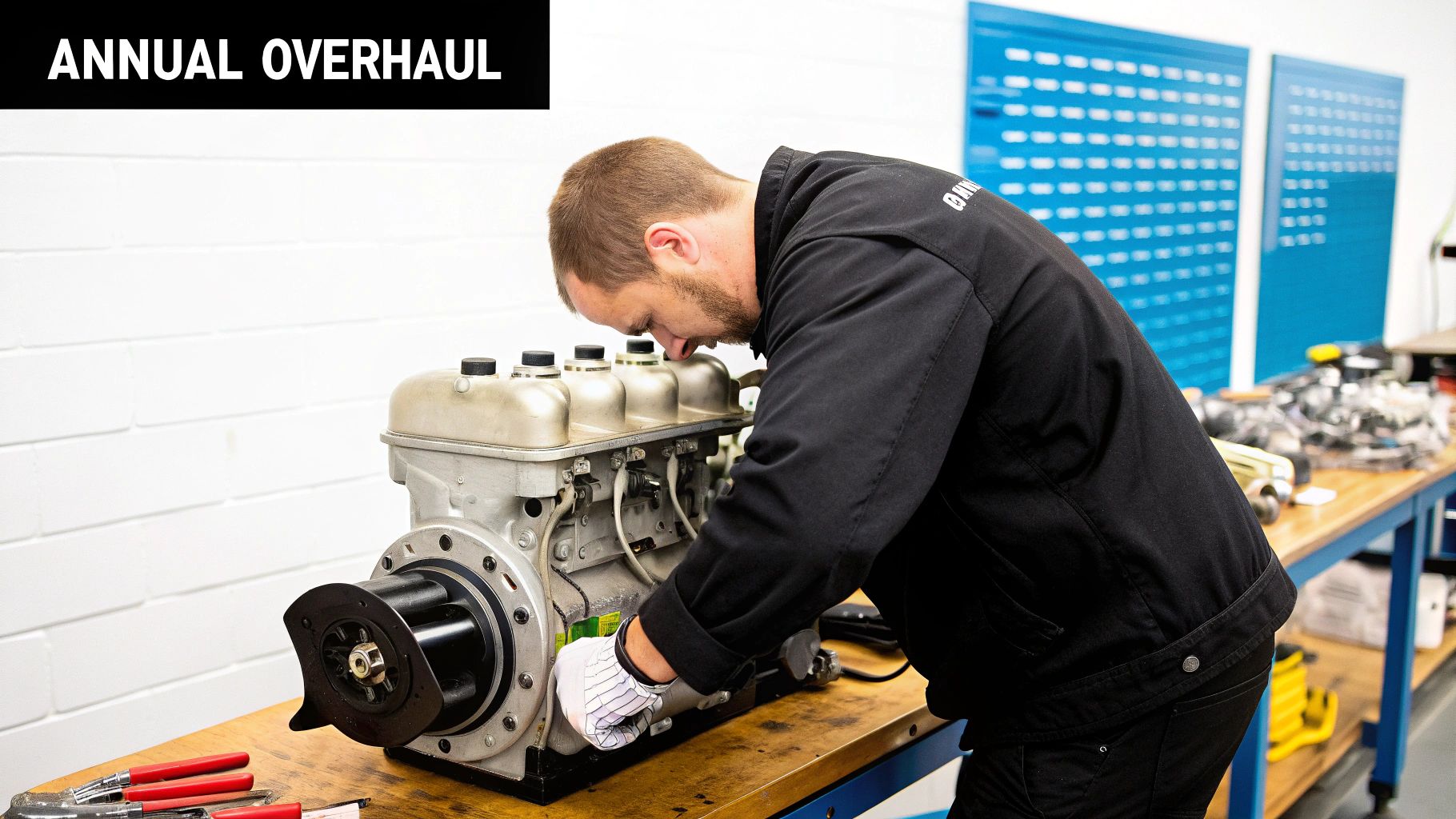 A mechanic intently performing an annual overhaul on a complex diesel engine in a workshop.
