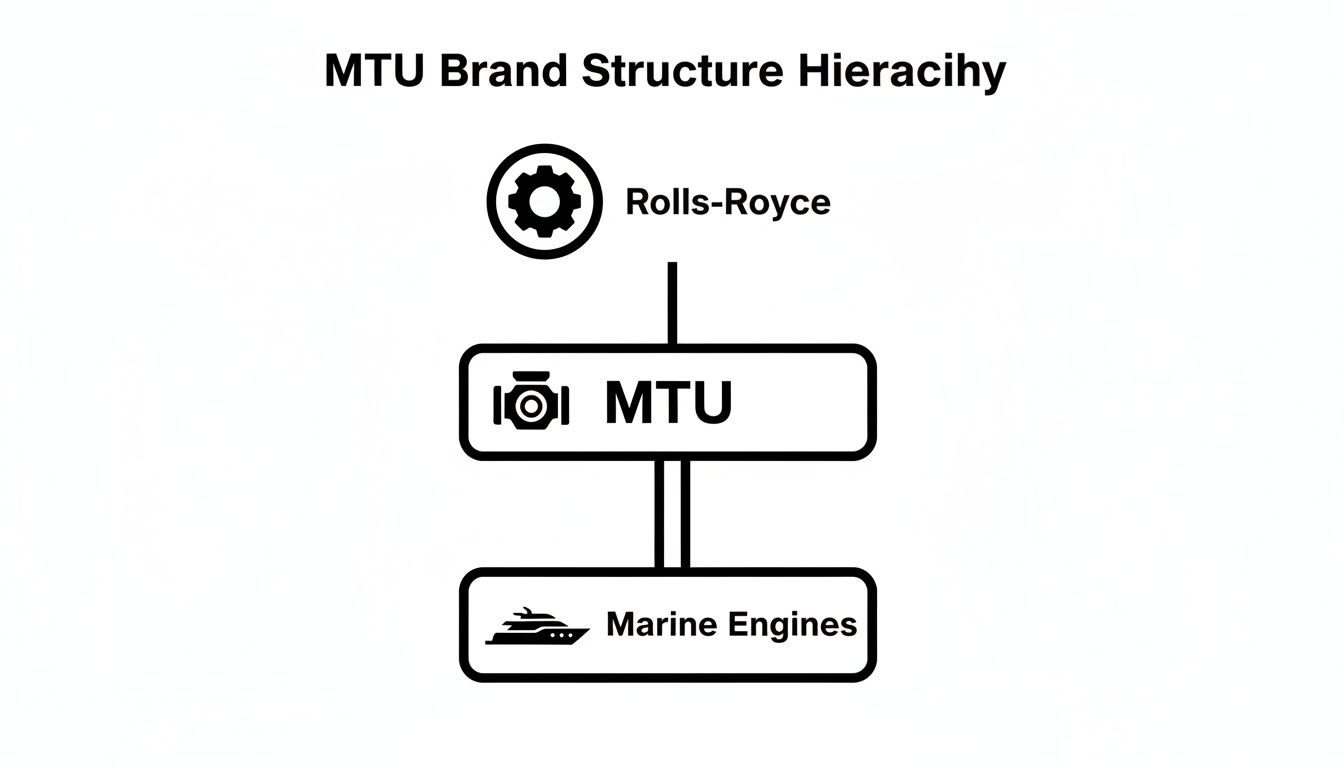 MTU brand structure hierarchy diagram showing Rolls-Royce owning MTU, which provides marine engines.