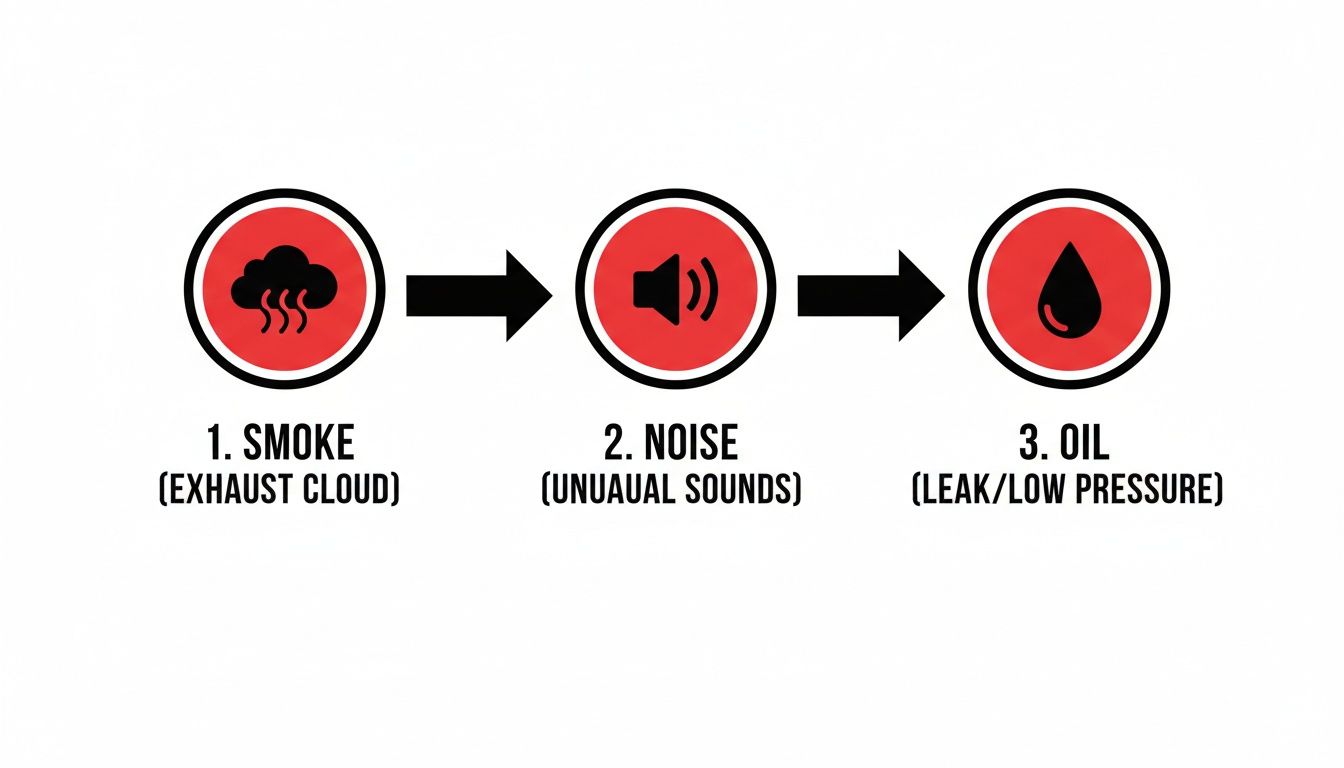 A diagnostic sequence showing smoke, noise, and oil issues as signs of potential engine problems.