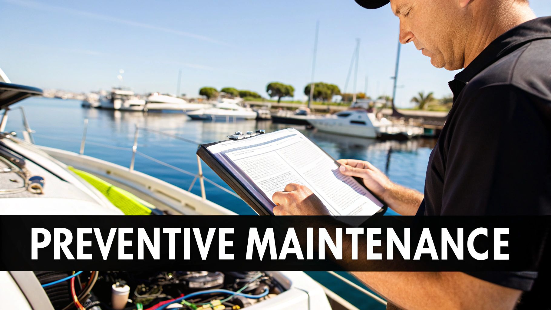 A technician inspects a boat engine, reviewing preventive maintenance documents at a sunny marina.