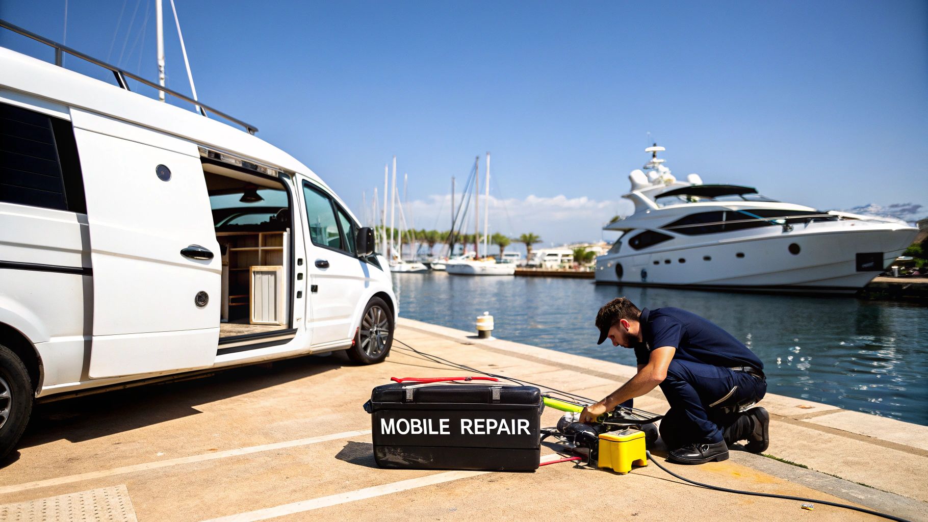 A mobile repair technician works on equipment next to a white van and a large yacht in a marina.