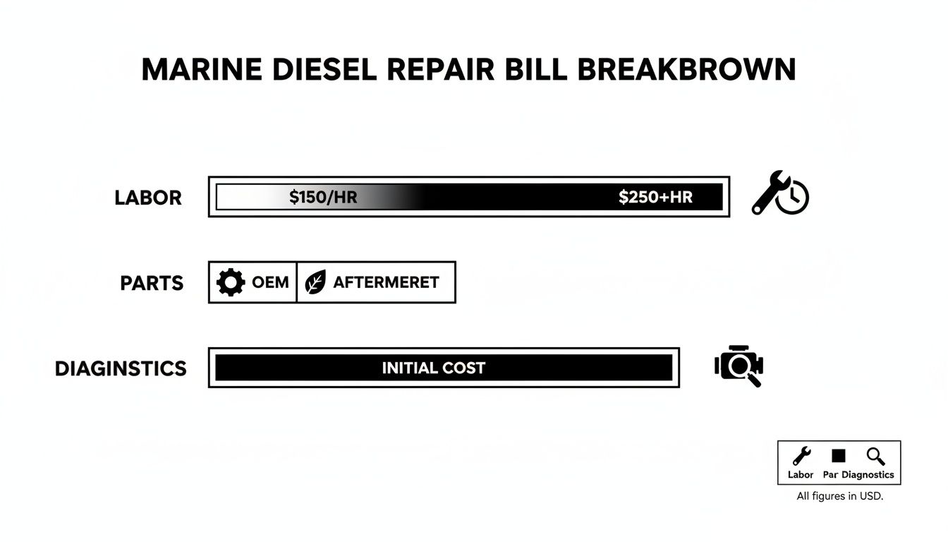 Infographic showing a marine diesel repair bill breakdown, categorizing costs for labor, parts, and diagnostics.