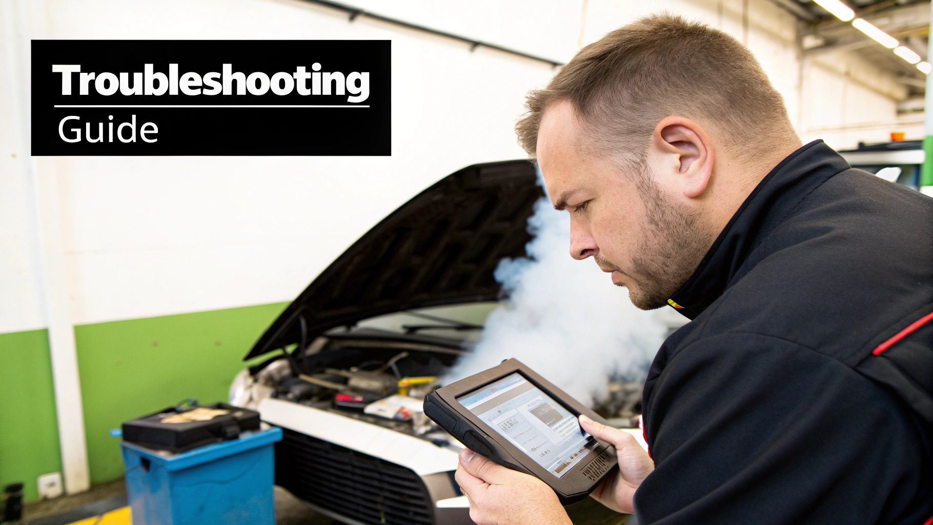 A mechanic uses a tablet to diagnose a smoking car engine, with 'Troubleshooting Guide' overlay.