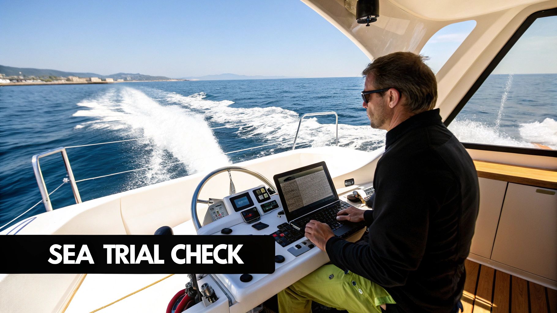 A man in sunglasses conducts a sea trial check on a boat, operating a laptop.