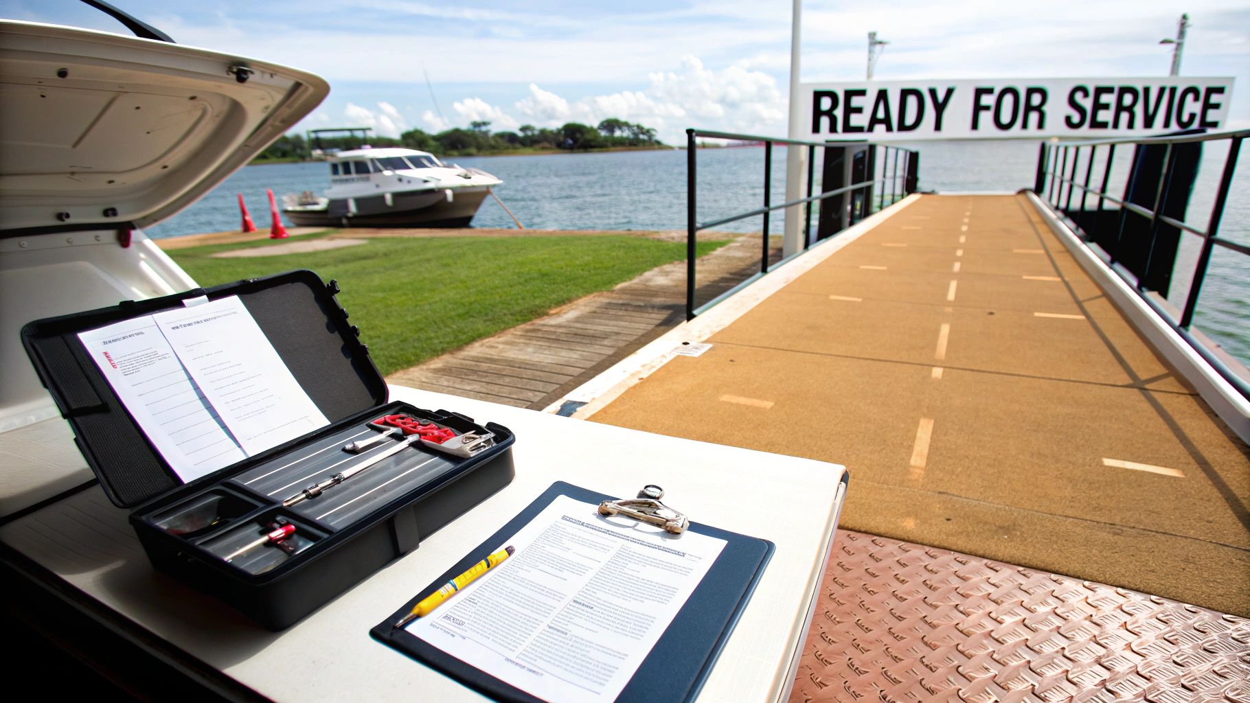 Tools, documents, and a car trunk open at a boat dock with a 'READY FOR SERVICE' sign.