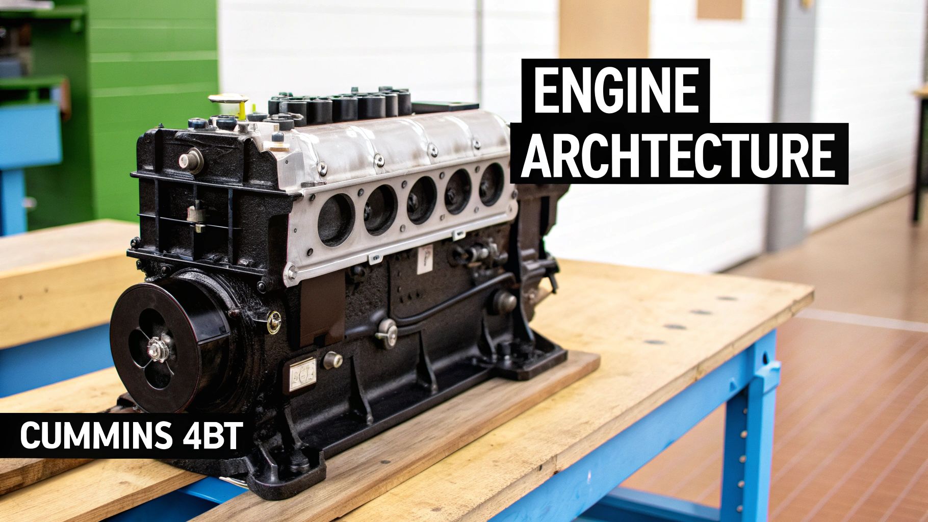 A detailed view of a black and silver Cummins 4BT engine on a wooden workbench.