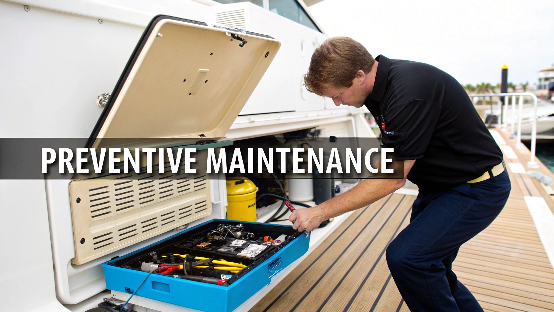 A technician performs preventive maintenance on a boat, working with tools from a toolbox in a marina.