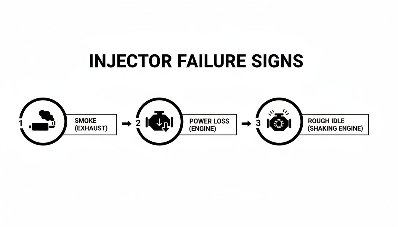 A visual guide illustrating common signs of injector failure: smoke from exhaust, engine power loss, and rough idle with a shaking engine.