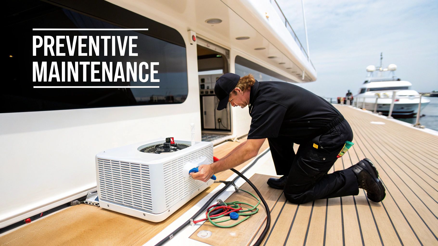 A technician performs preventive maintenance on a marine air conditioner on a yacht deck.