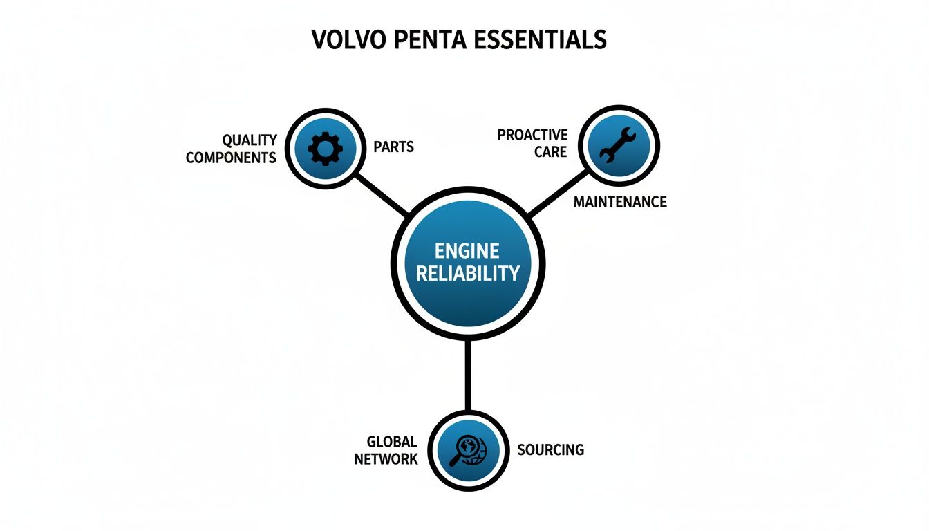 A diagram illustrating Volvo Penta's essentials for engine reliability with components, care, and sourcing.