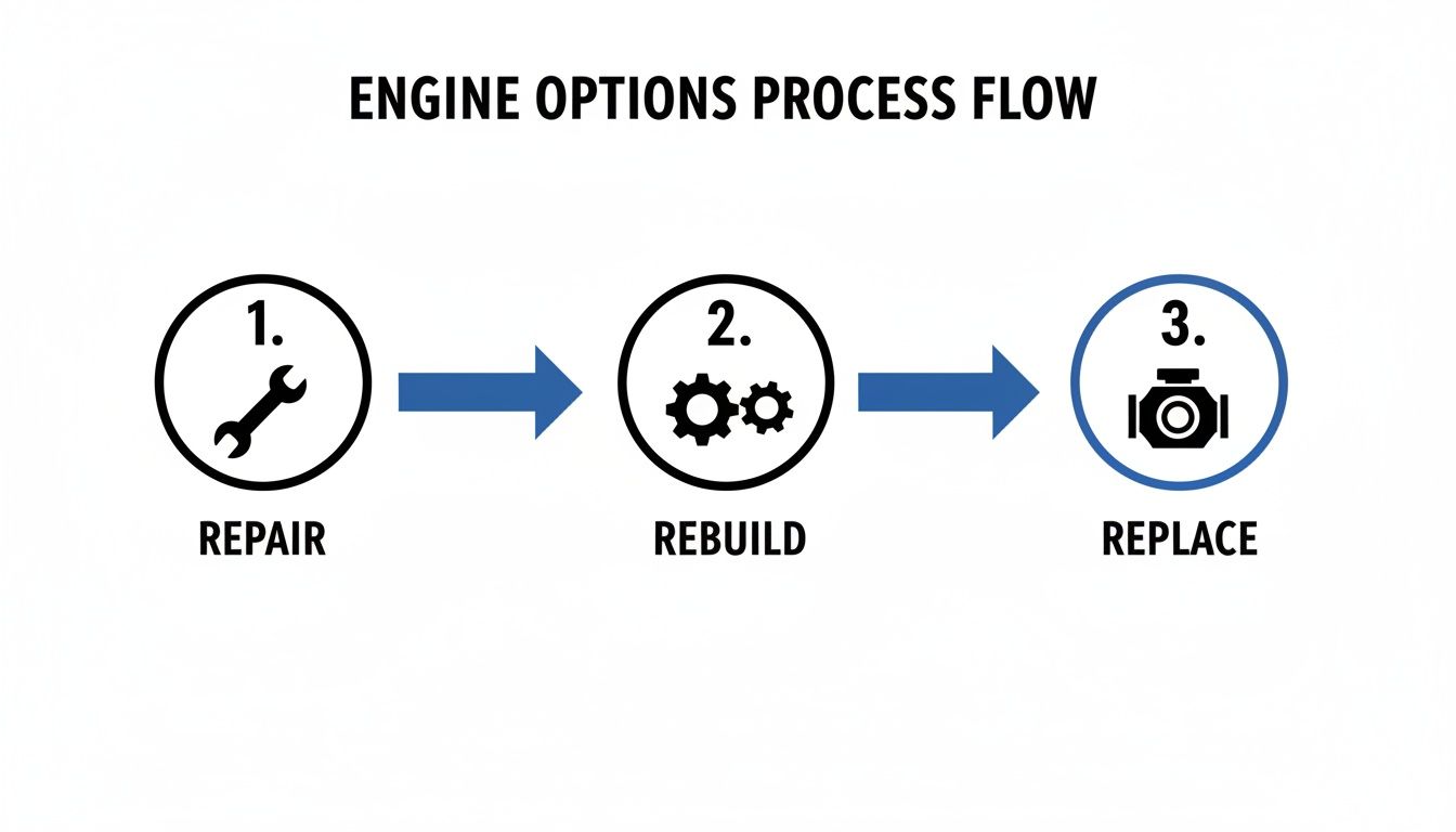 Process flow diagram showing engine options: 1. Repair (wrench), 2. Rebuild (gears), 3. Replace (engine).
