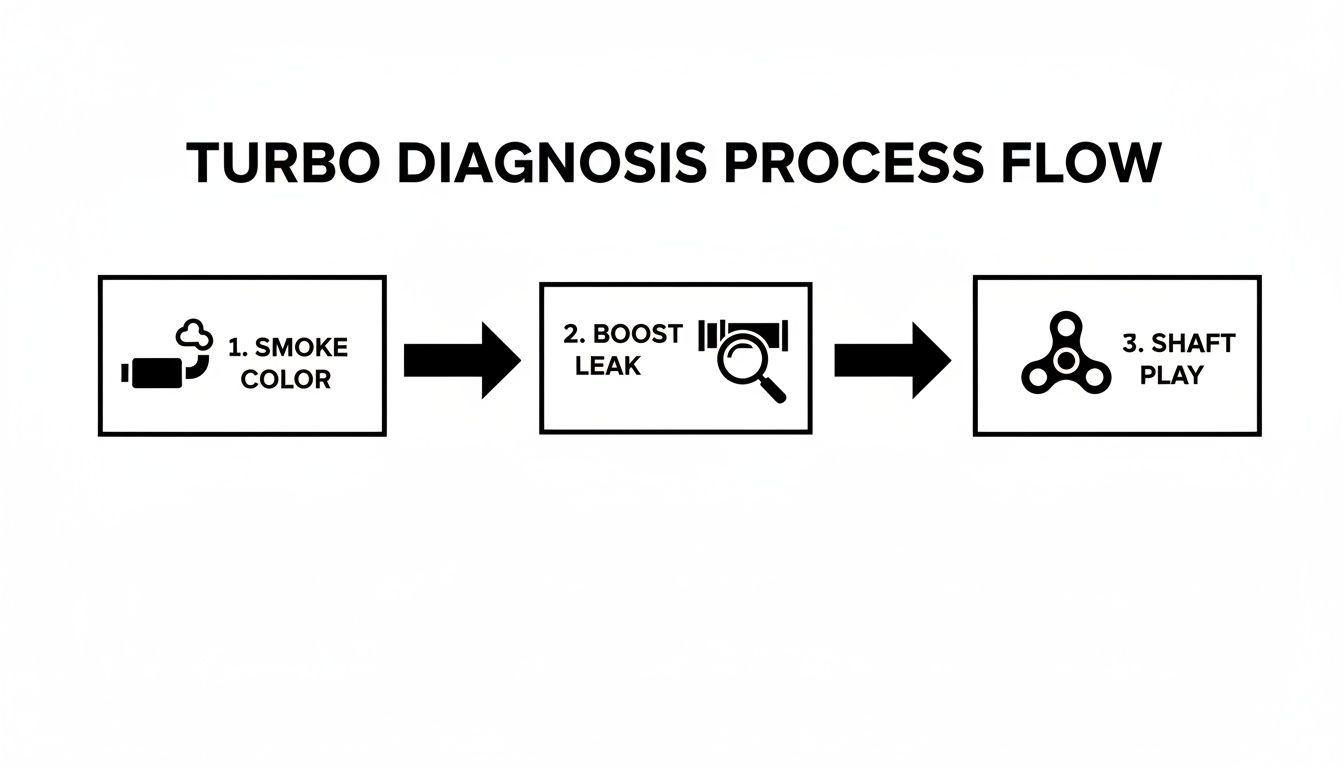 A flow chart detailing the turbo diagnosis process, covering smoke color, boost leak, and shaft play.