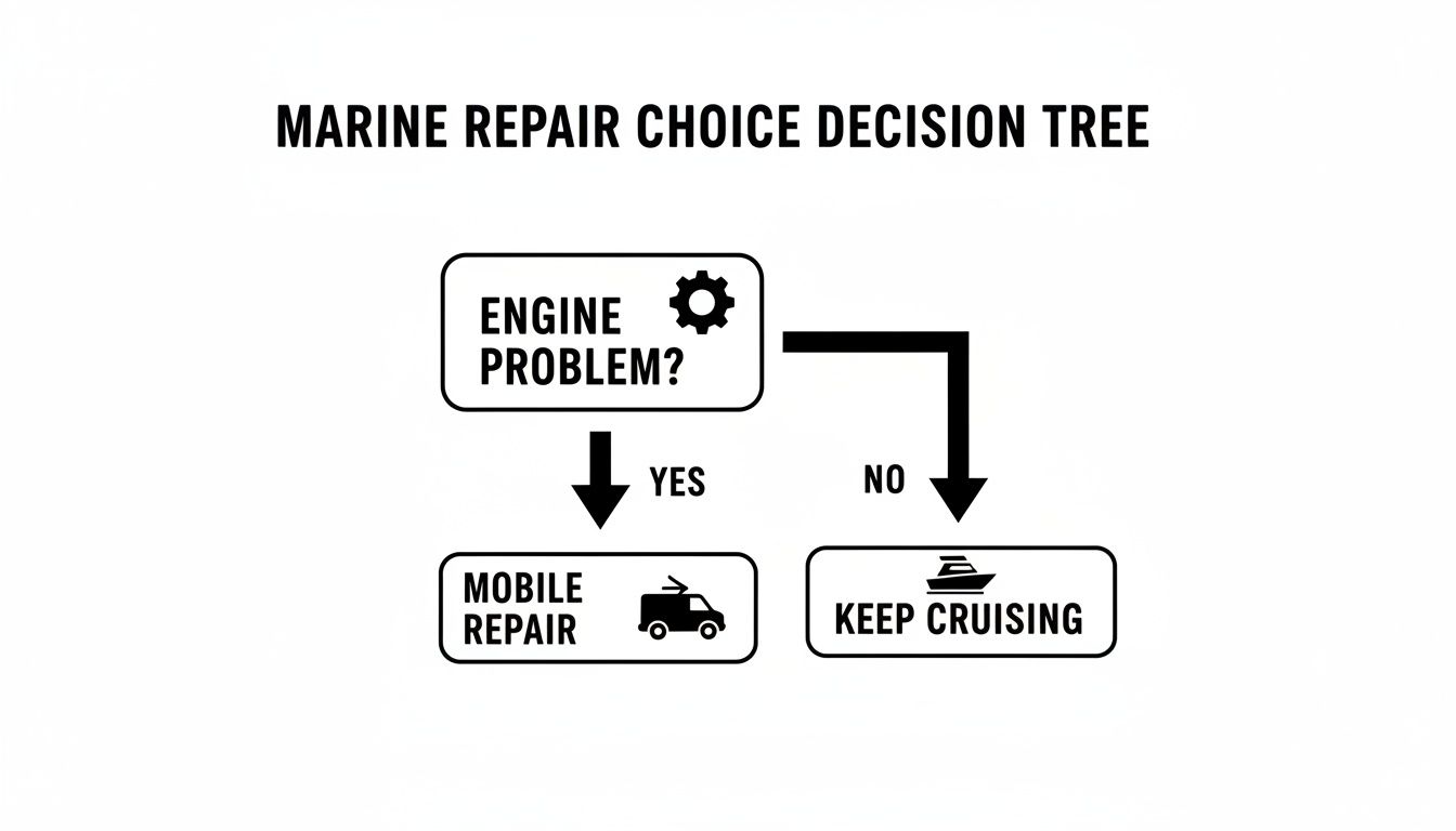 A marine repair choice decision tree. If engine problem is yes, choose mobile repair; if no, keep cruising.