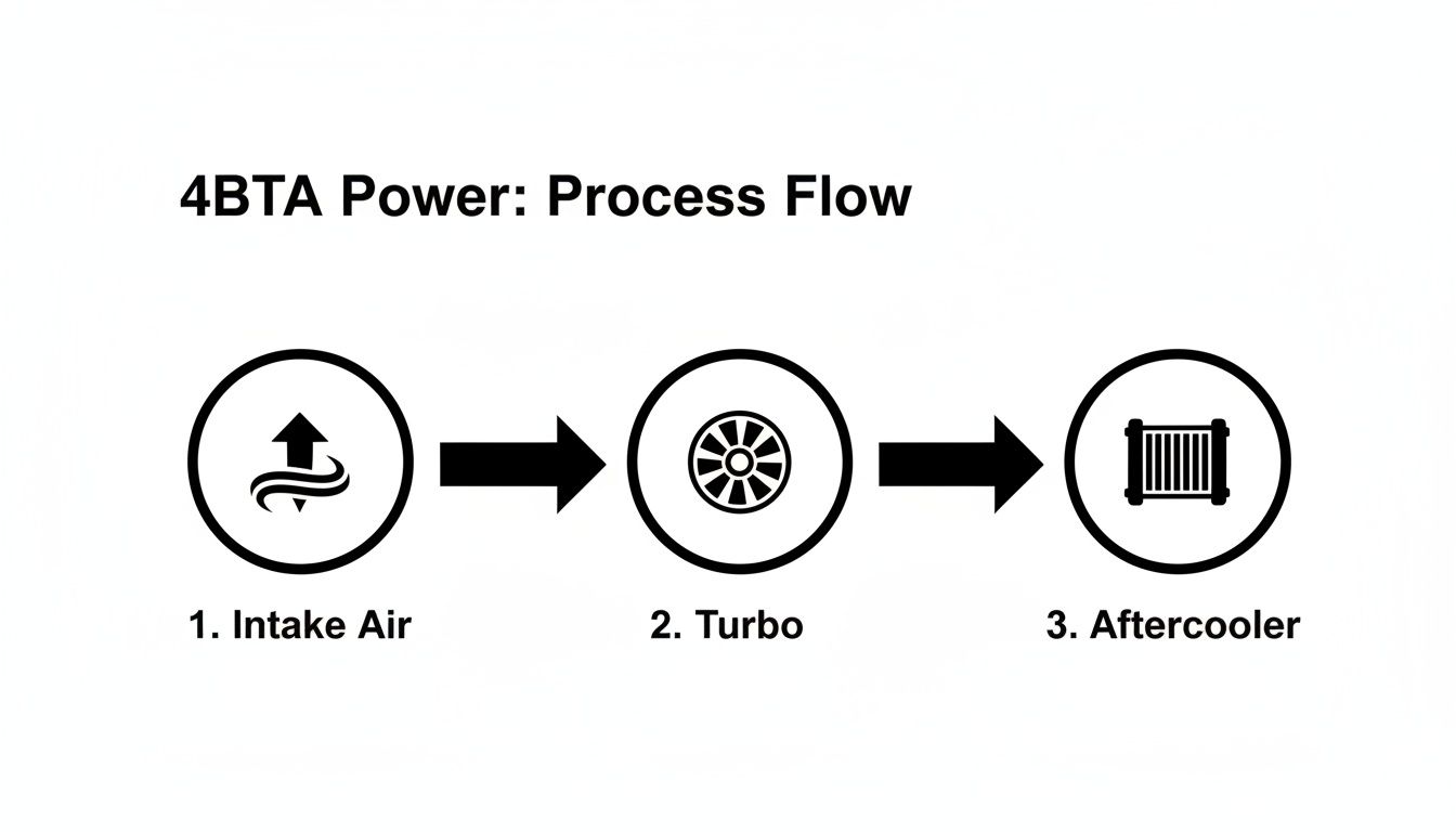 Process flow diagram of a 4BTA engine detailing air intake, turbocharging, and aftercooling stages.