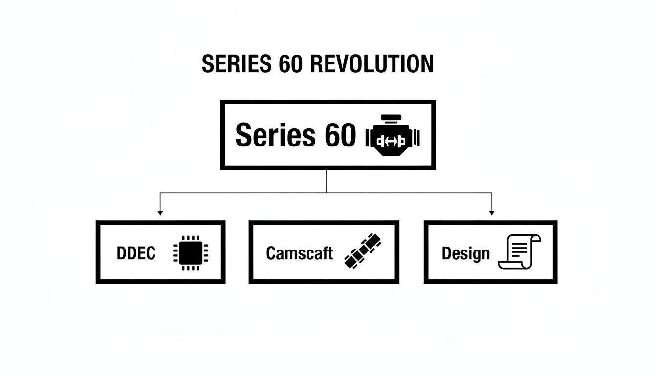 Flowchart displaying 'Series 60' engine components including DDEC, Camshaft, and Design aspects.