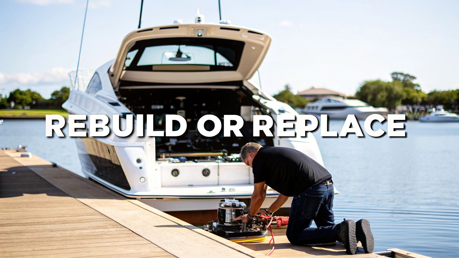 A man repairs a boat engine on a dock, with a yacht in the background and 'Rebuild or Replace' text.