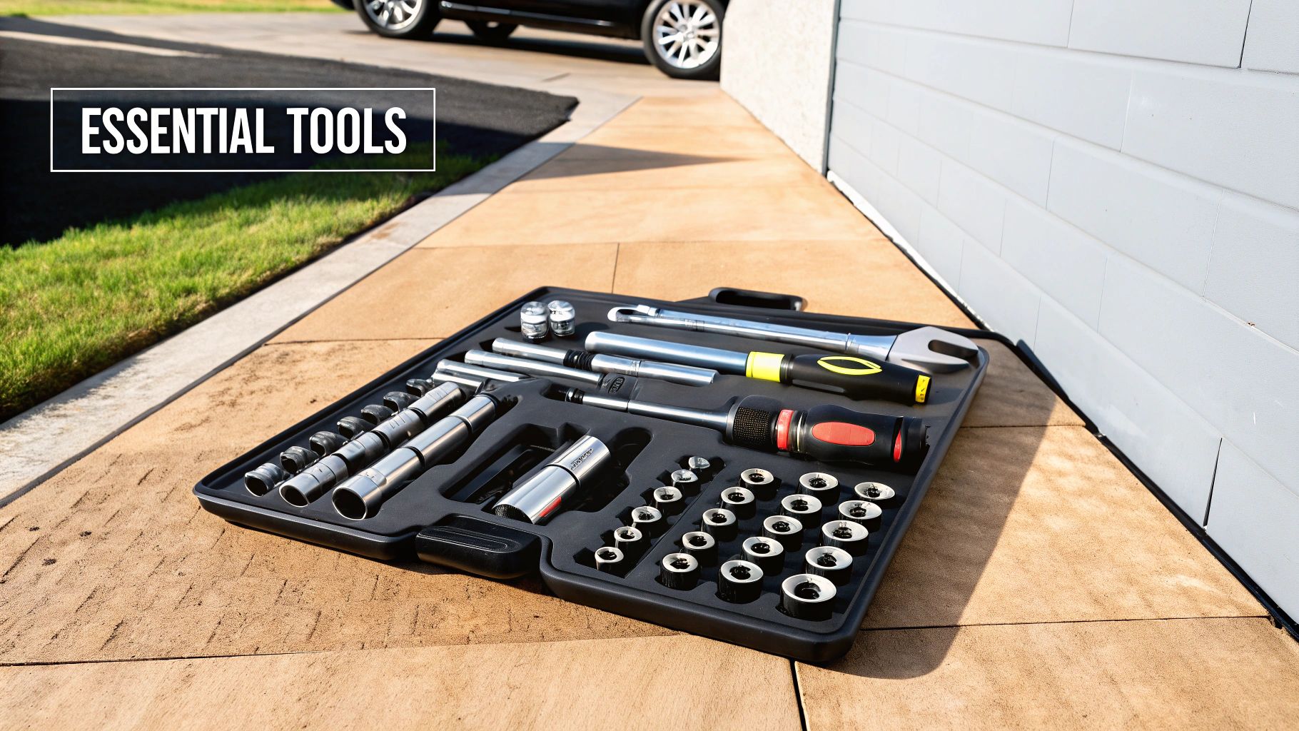 A black toolkit filled with essential metal hand tools, including sockets and wrenches, on a patio.