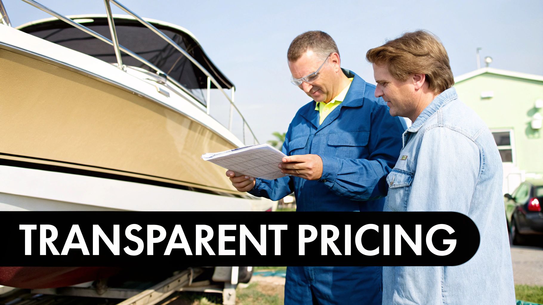 A marine mechanic and customer discuss boat service pricing next to a boat on a trailer, emphasizing transparency.