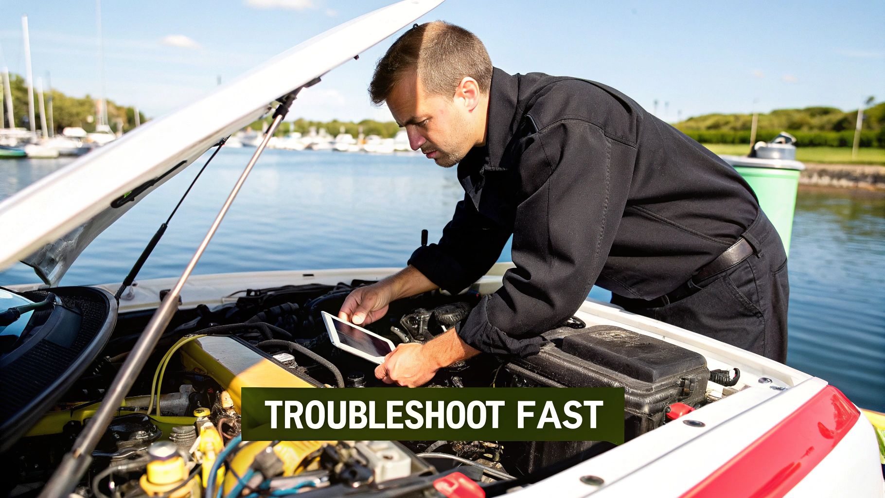 A skilled mechanic uses a tablet to troubleshoot an open engine of a boat at a sunny marina.