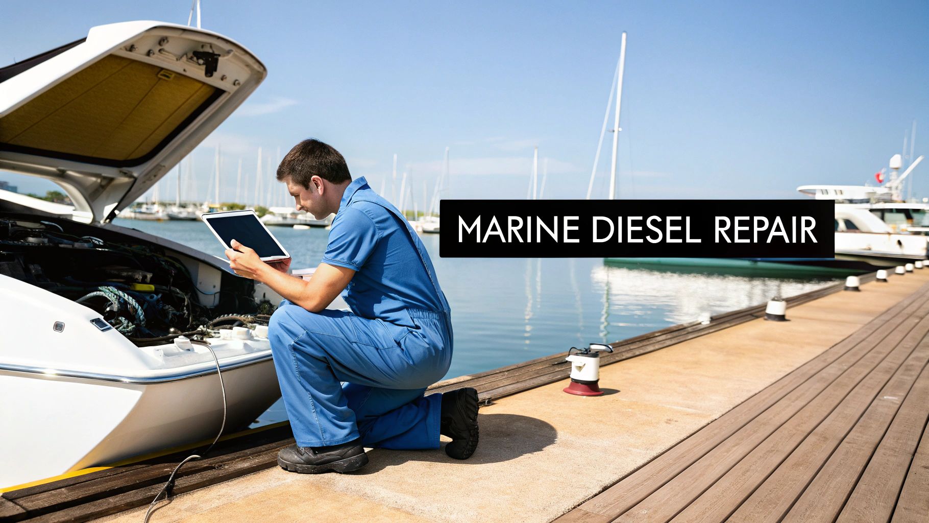 Marine mechanic in blue overalls inspecting a boat engine with a tablet at a sunny dock.