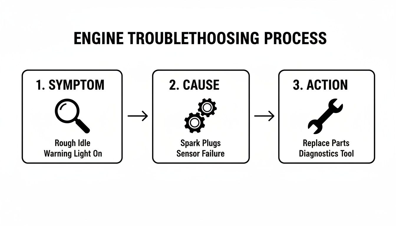 A three-step engine troubleshooting process diagram showing symptom, cause, and action.