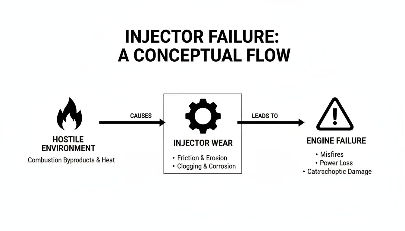 Conceptual flow diagram illustrating how a hostile environment leads to injector wear and engine failure.