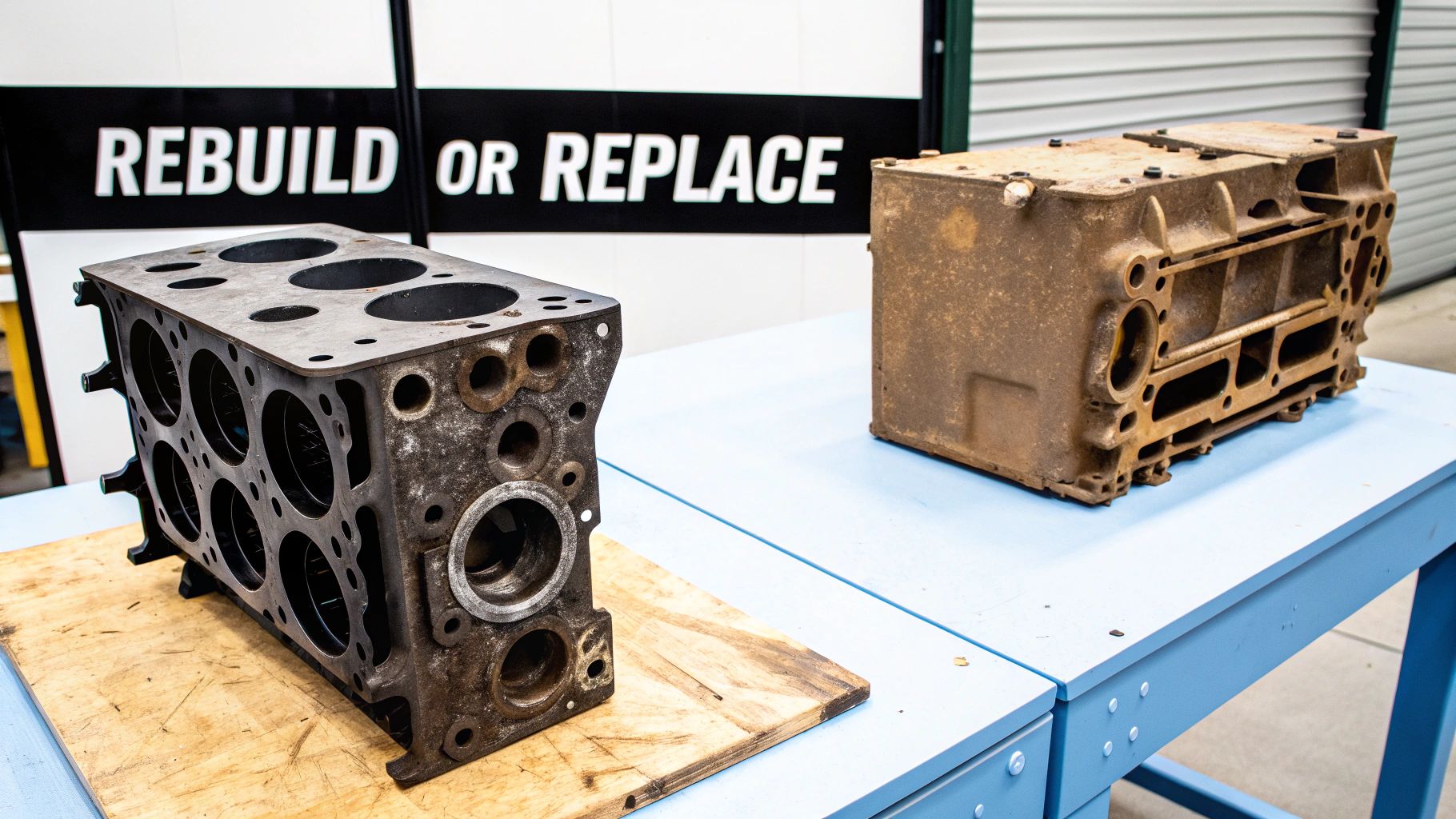 Two used engine blocks on tables, with a 'REBUILD OR REPLACE' sign in the background.