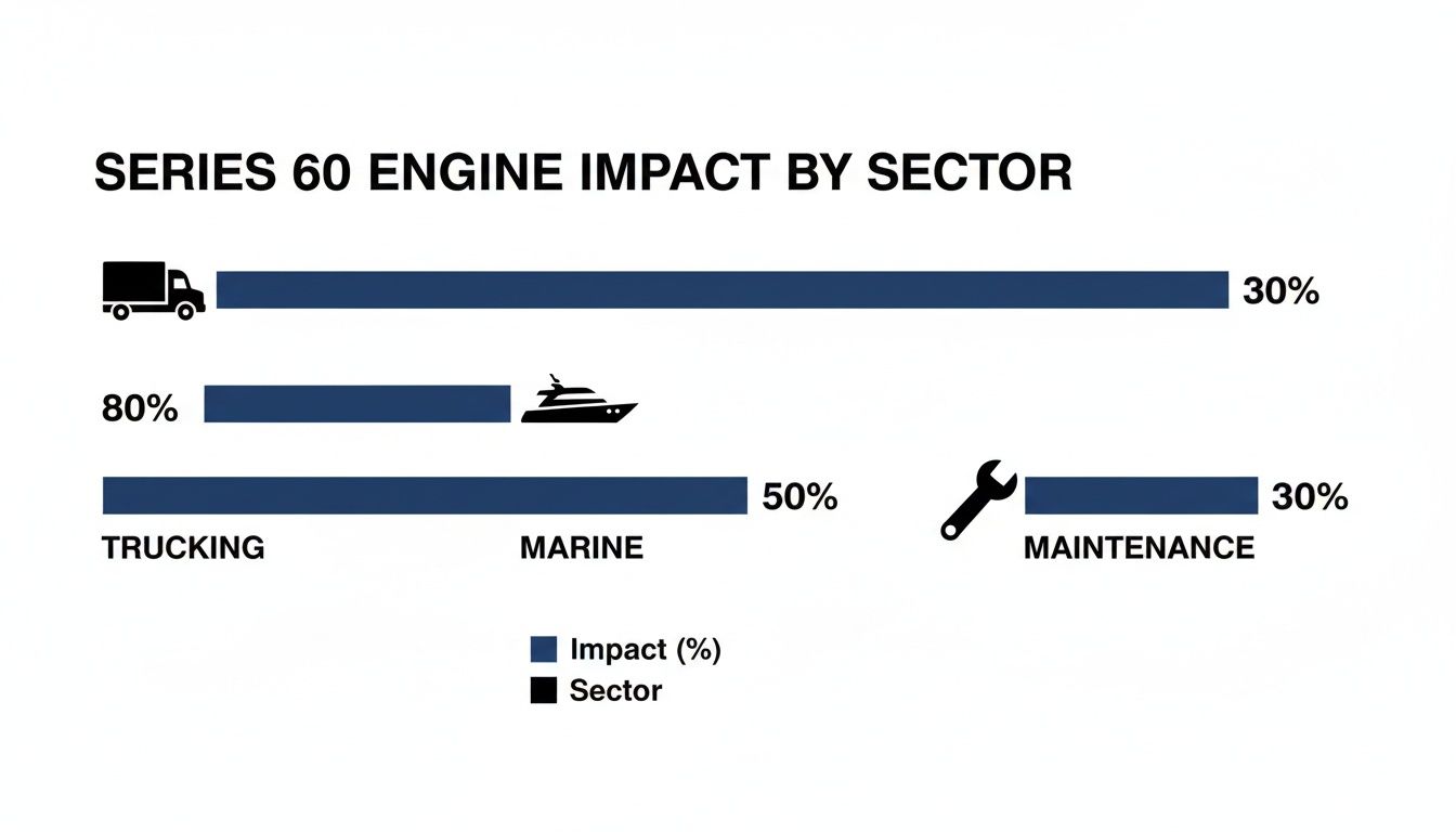 Bar chart showing Series 60 engine impact by sector: Trucking 30%, Marine 50%, Maintenance 30%.